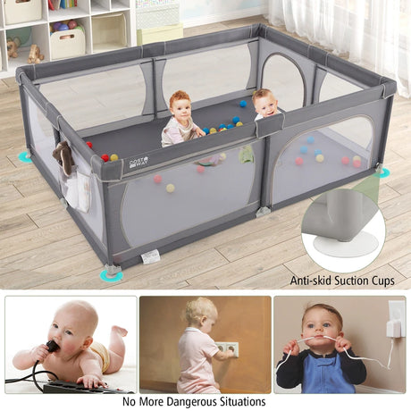 8-Panel Baby Playpen with Zipper Door and Storage Bag-Grey