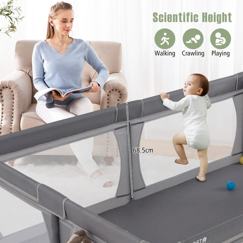 8-Panel Baby Playpen with Zipper Door and Storage Bag-Grey