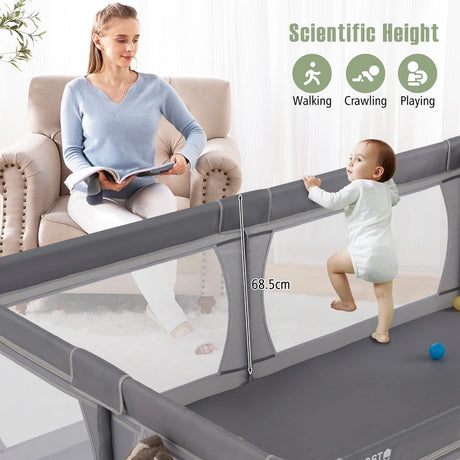 8-Panel Baby Playpen with Zipper Door and Storage Bag-Grey