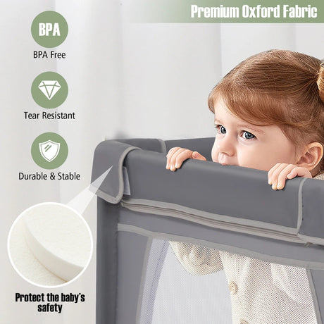 8-Panel Baby Playpen with Zipper Door and Storage Bag-Grey