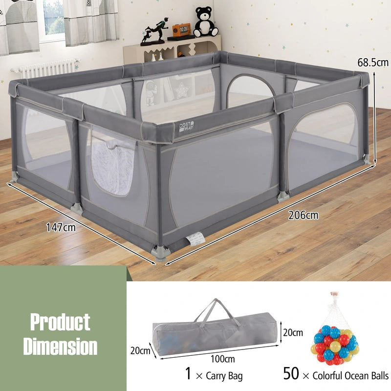 8-Panel Baby Playpen with Zipper Door and Storage Bag-Grey