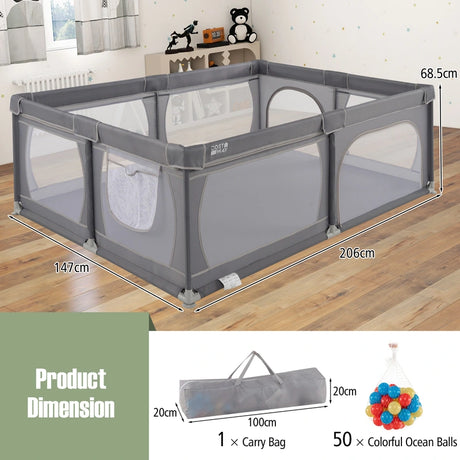 8-Panel Baby Playpen with Zipper Door and Storage Bag-Grey