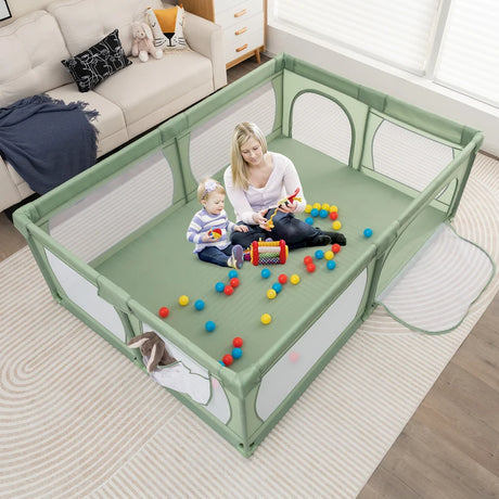 8-Panel Baby Playpen with Zipper Door and Storage Bag-Green
