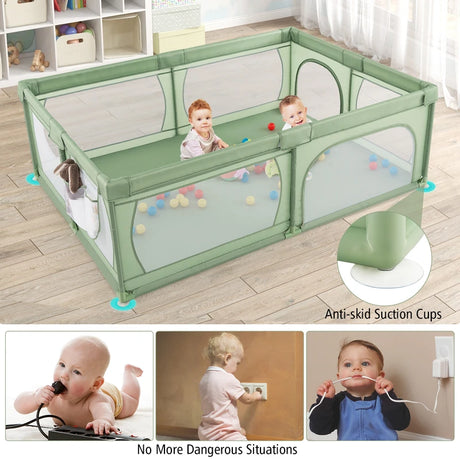 8-Panel Baby Playpen with Zipper Door and Storage Bag-Green