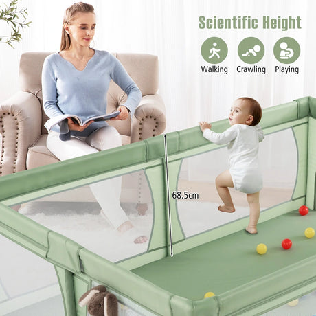 8-Panel Baby Playpen with Zipper Door and Storage Bag-Green