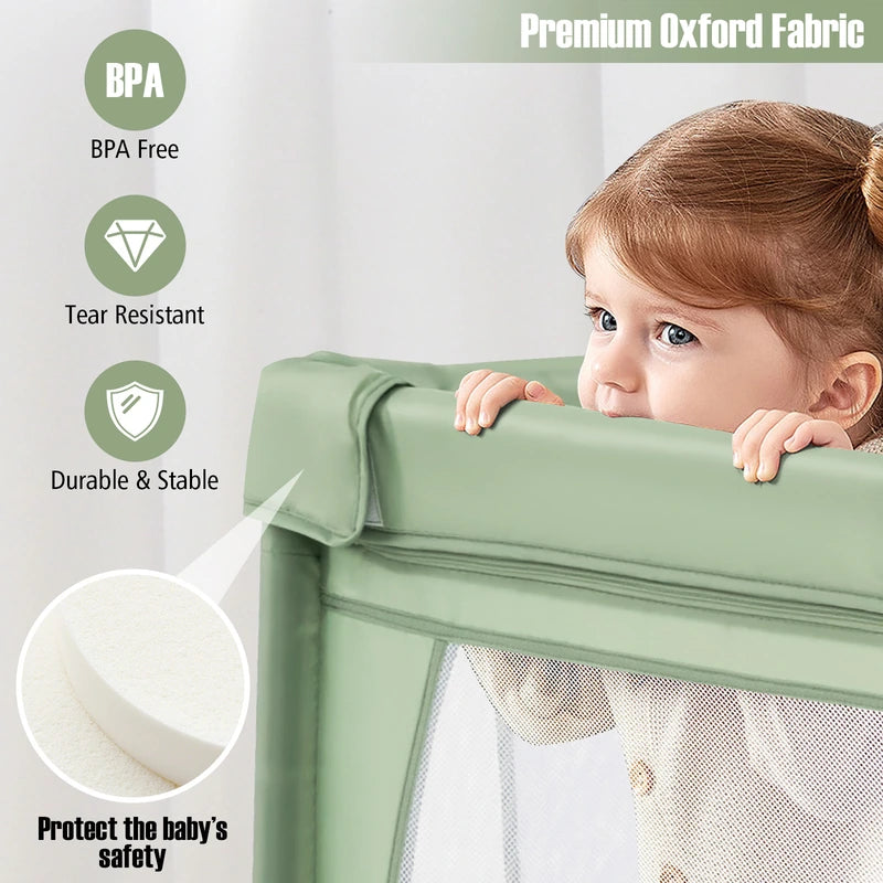 8-Panel Baby Playpen with Zipper Door and Storage Bag-Green