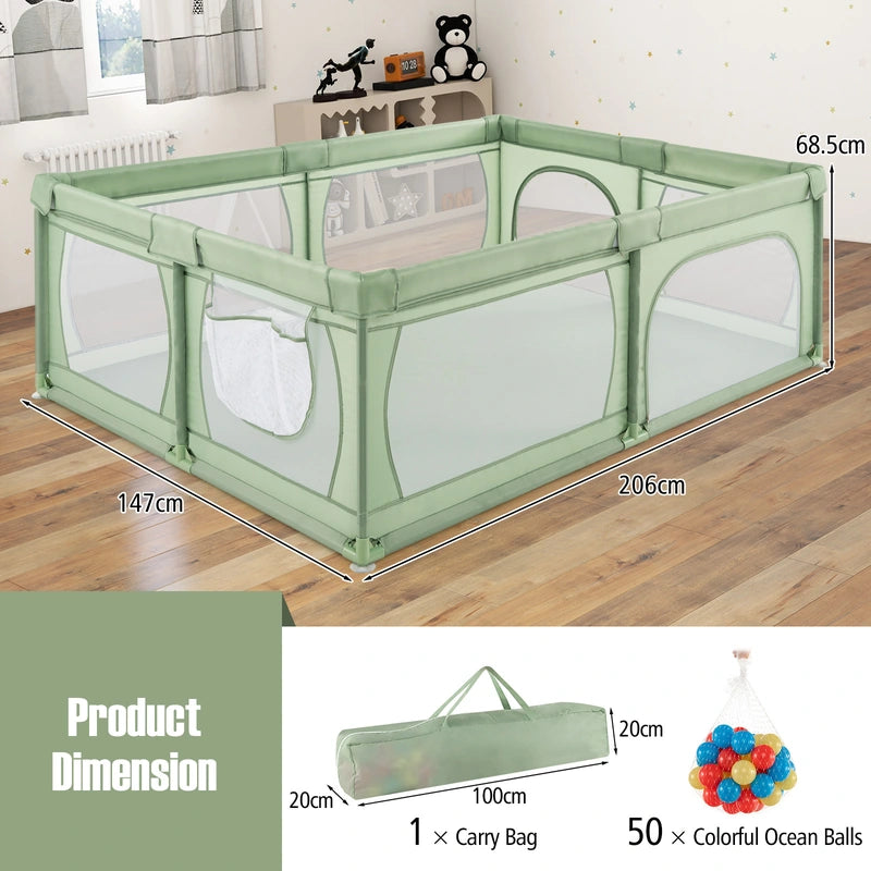 8-Panel Baby Playpen with Zipper Door and Storage Bag-Green