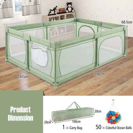 8-Panel Baby Playpen with Zipper Door and Storage Bag-Green