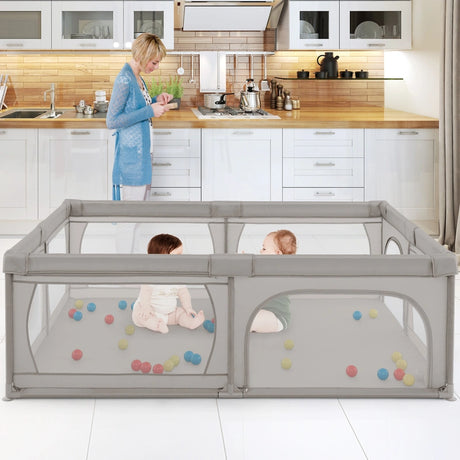 8-Panel Baby Playpen with Zipper Door and Storage Bag-Light Grey