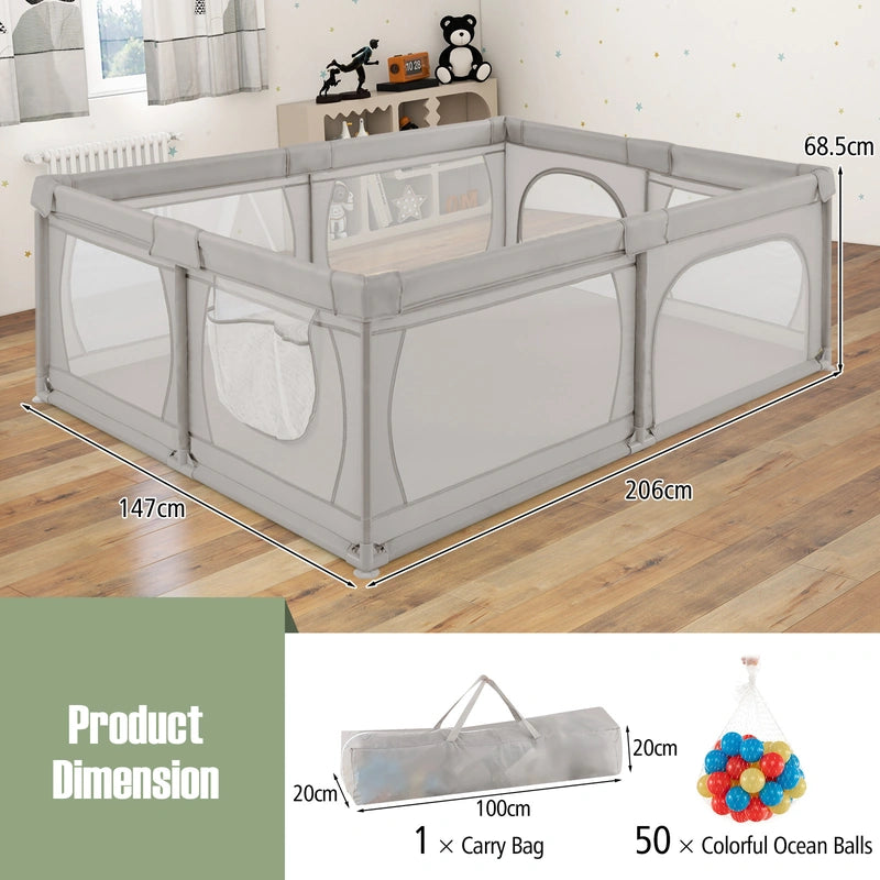8-Panel Baby Playpen with Zipper Door and Storage Bag-Light Grey