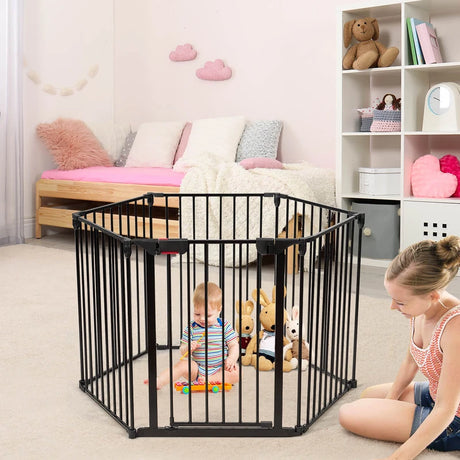 8 Panels Baby Playpen Metal Foldable Design with Safety Lock-Black