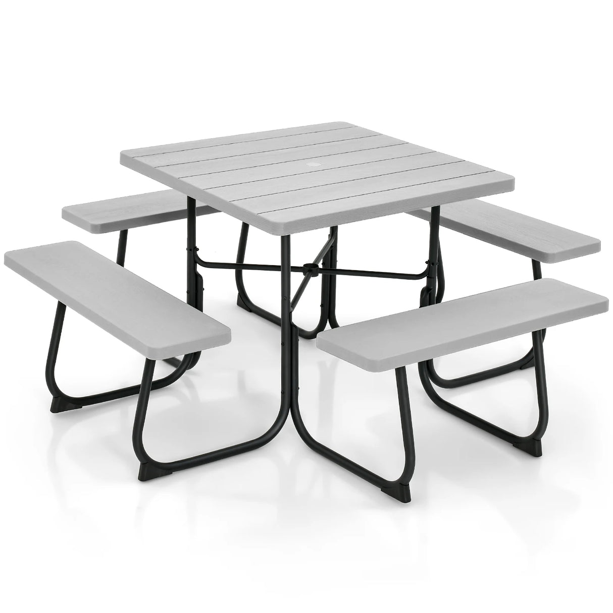 Outdoor Picnic Table with 4 Benches and Umbrella Hole-Gray