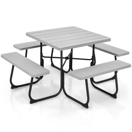 Outdoor Picnic Table with 4 Benches and Umbrella Hole-Gray