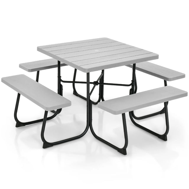 Outdoor Picnic Table with 4 Benches and Umbrella Hole-Gray
