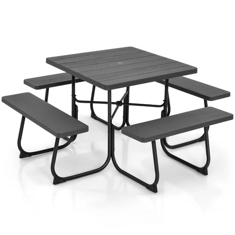 Outdoor Picnic Table with 4 Benches and Umbrella Hole-Black