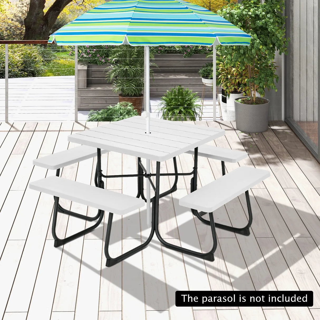 Outdoor Picnic Table with 4 Benches and Umbrella Hole-White