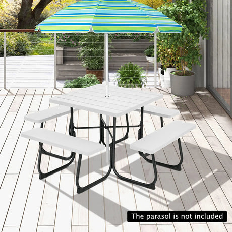Outdoor Picnic Table with 4 Benches and Umbrella Hole-White