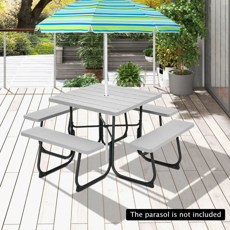 Outdoor Picnic Table with 4 Benches and Umbrella Hole-Gray