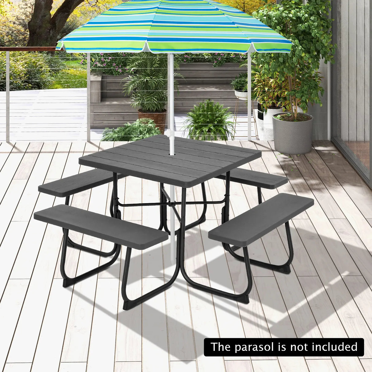 Outdoor Picnic Table with 4 Benches and Umbrella Hole-Black