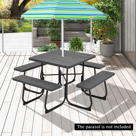 Outdoor Picnic Table with 4 Benches and Umbrella Hole-Black