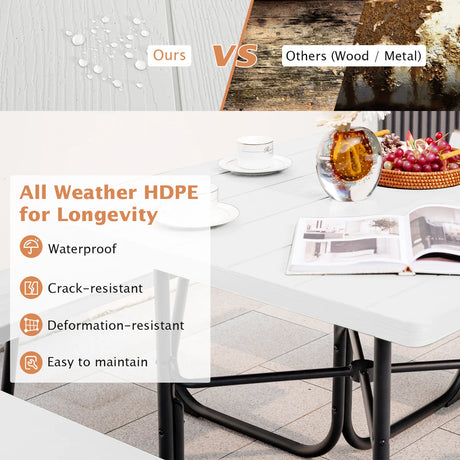 Outdoor Picnic Table with 4 Benches and Umbrella Hole-White