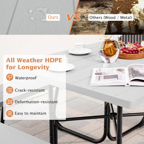 Outdoor Picnic Table with 4 Benches and Umbrella Hole-Gray
