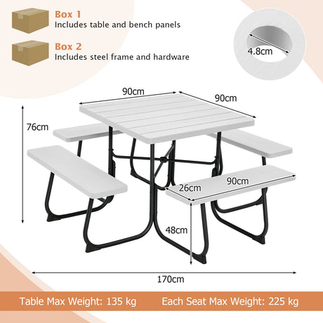 Outdoor Picnic Table with 4 Benches and Umbrella Hole-White
