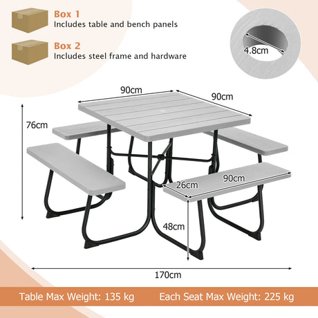 Outdoor Picnic Table with 4 Benches and Umbrella Hole-Gray