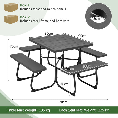Outdoor Picnic Table with 4 Benches and Umbrella Hole-Black