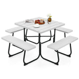 Outdoor Picnic Table with 4 Benches and Umbrella Hole-White