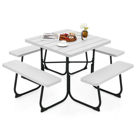 Outdoor Picnic Table with 4 Benches and Umbrella Hole-White