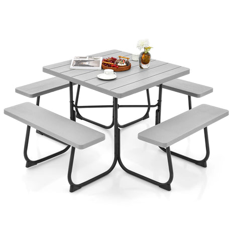 Outdoor Picnic Table with 4 Benches and Umbrella Hole-Gray