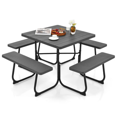 Outdoor Picnic Table with 4 Benches and Umbrella Hole-Black