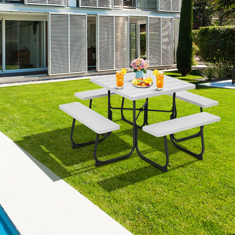Outdoor Picnic Table with 4 Benches and Umbrella Hole-White