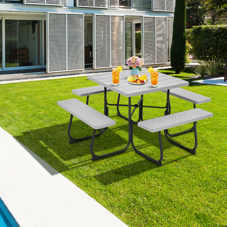 Outdoor Picnic Table with 4 Benches and Umbrella Hole-Gray