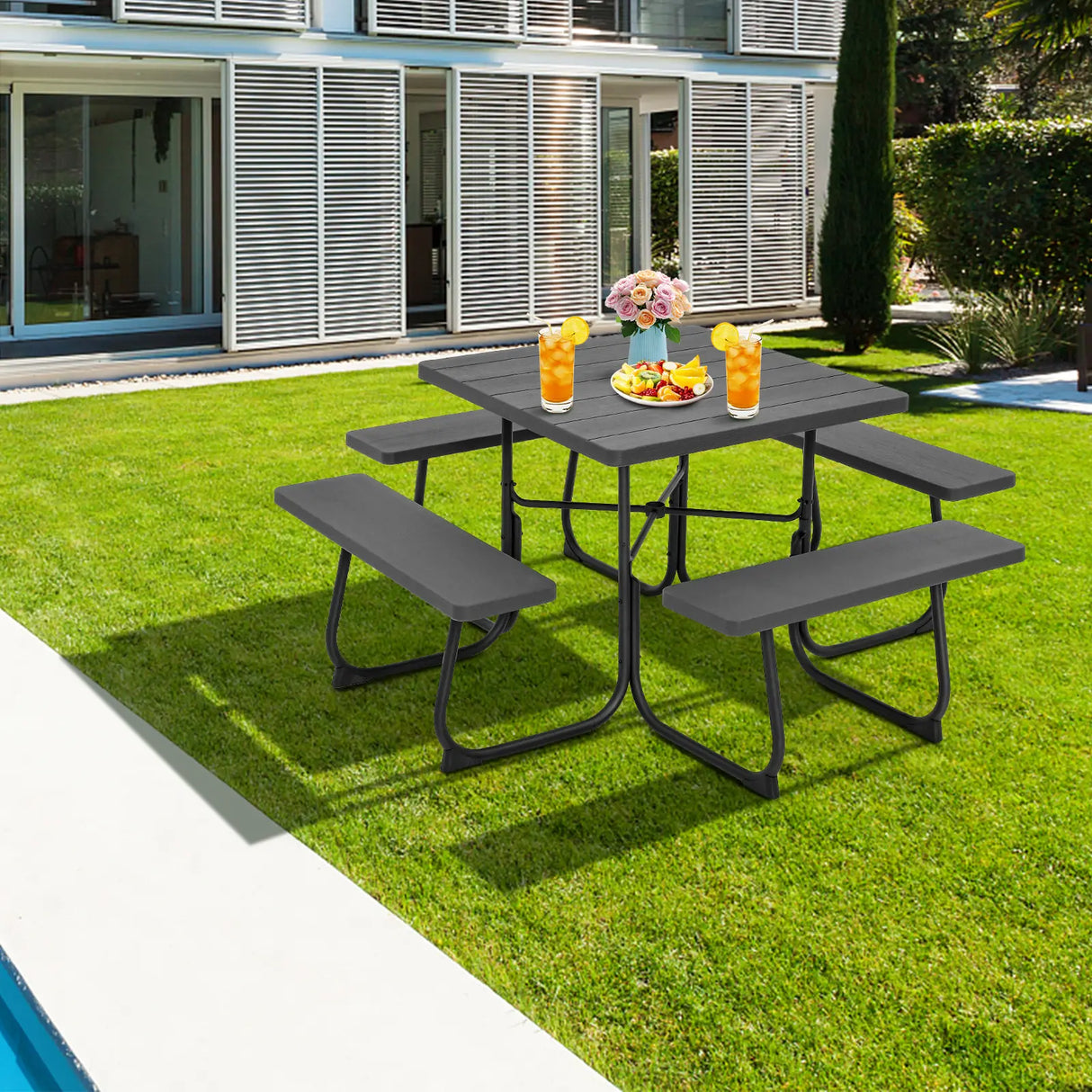 Outdoor Picnic Table with 4 Benches and Umbrella Hole-Black