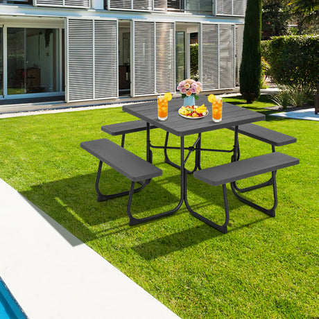 Outdoor Picnic Table with 4 Benches and Umbrella Hole-Black