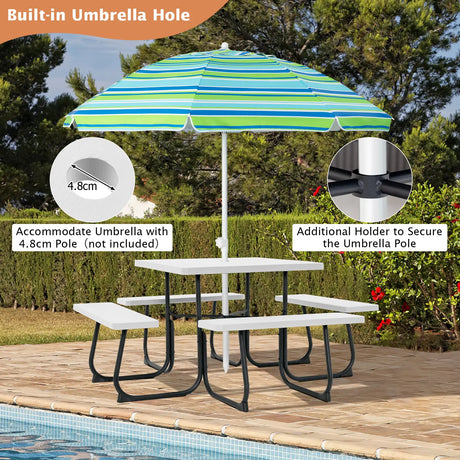 Outdoor Picnic Table with 4 Benches and Umbrella Hole-White