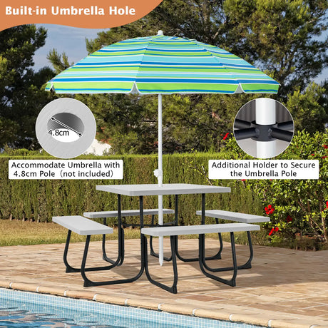 Outdoor Picnic Table with 4 Benches and Umbrella Hole-Gray