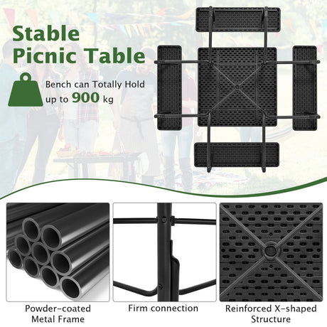 Outdoor Picnic Table with 4 Benches and Umbrella Hole-Black