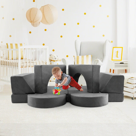 8 Pieces Kids Modular Play Sofa with Detachable Cover for Playroom and Bedroom-Gray