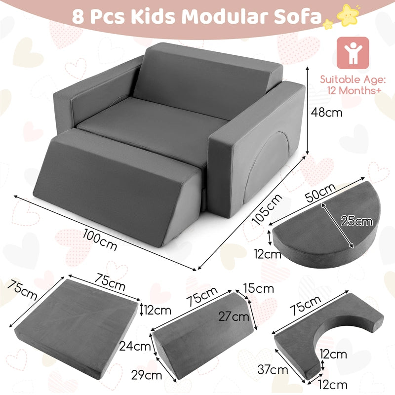 8 Pieces Kids Modular Play Sofa with Detachable Cover for Playroom and Bedroom-Gray