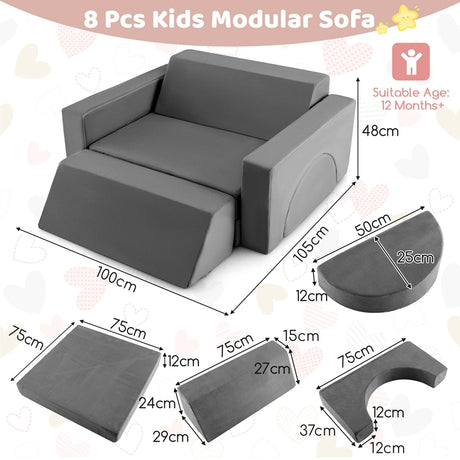 8 Pieces Kids Modular Play Sofa with Detachable Cover for Playroom and Bedroom-Gray