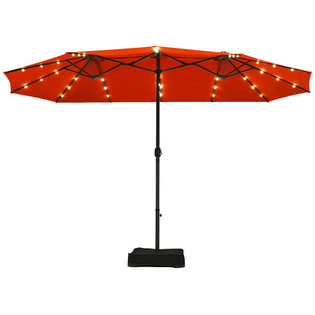 15 Ft Solar LED Patio Double-sided Umbrella Market Umbrella with Weight Base-Orange