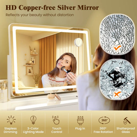 80 x 55 CM Large Vanity Mirror with Touch Control and 3-Color Lighting Mode-White