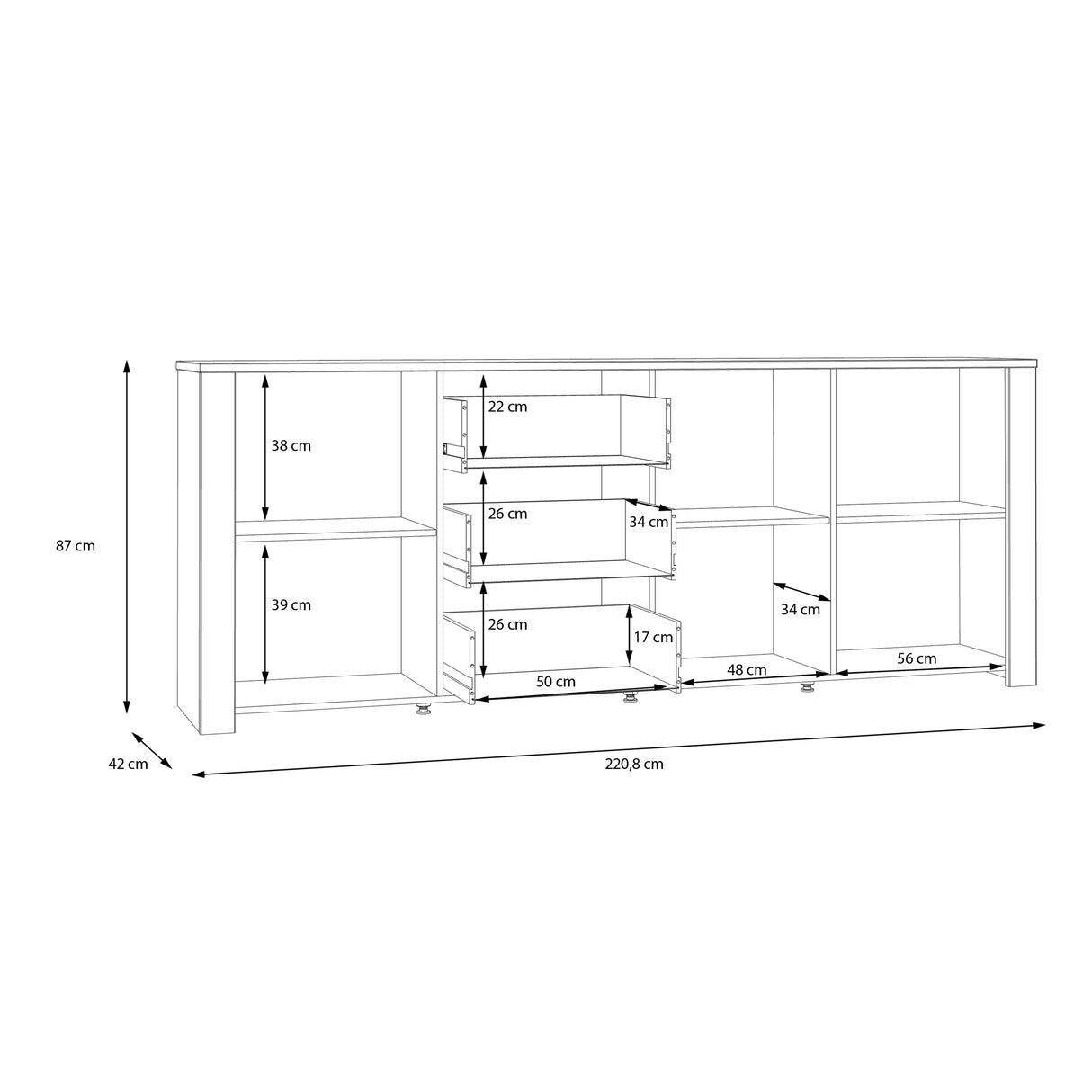 Bohol Large Sideboard 3 Drawer 3 Door in Grey and Oak