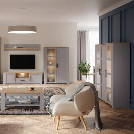 Bohol Large Display Cabinet with LED Lights in Grey Riviera Oak