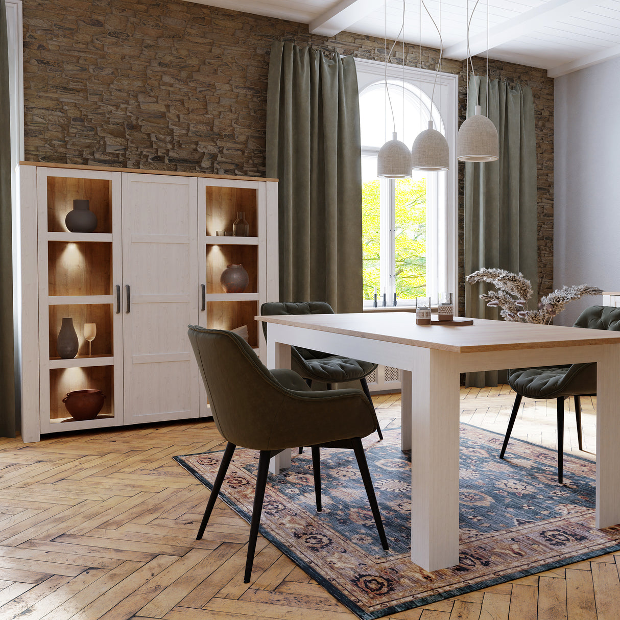 Bohol Large Display Cabinet Inkl. 4 x Lighting in Riviera Oak/White