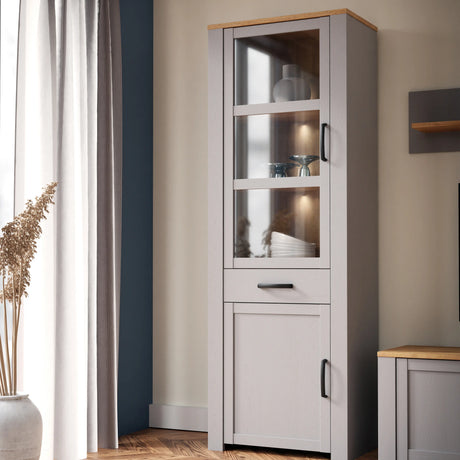 Bohol Narrow Display Cabinet 2 Door 1 Drawer in Grey and Oak