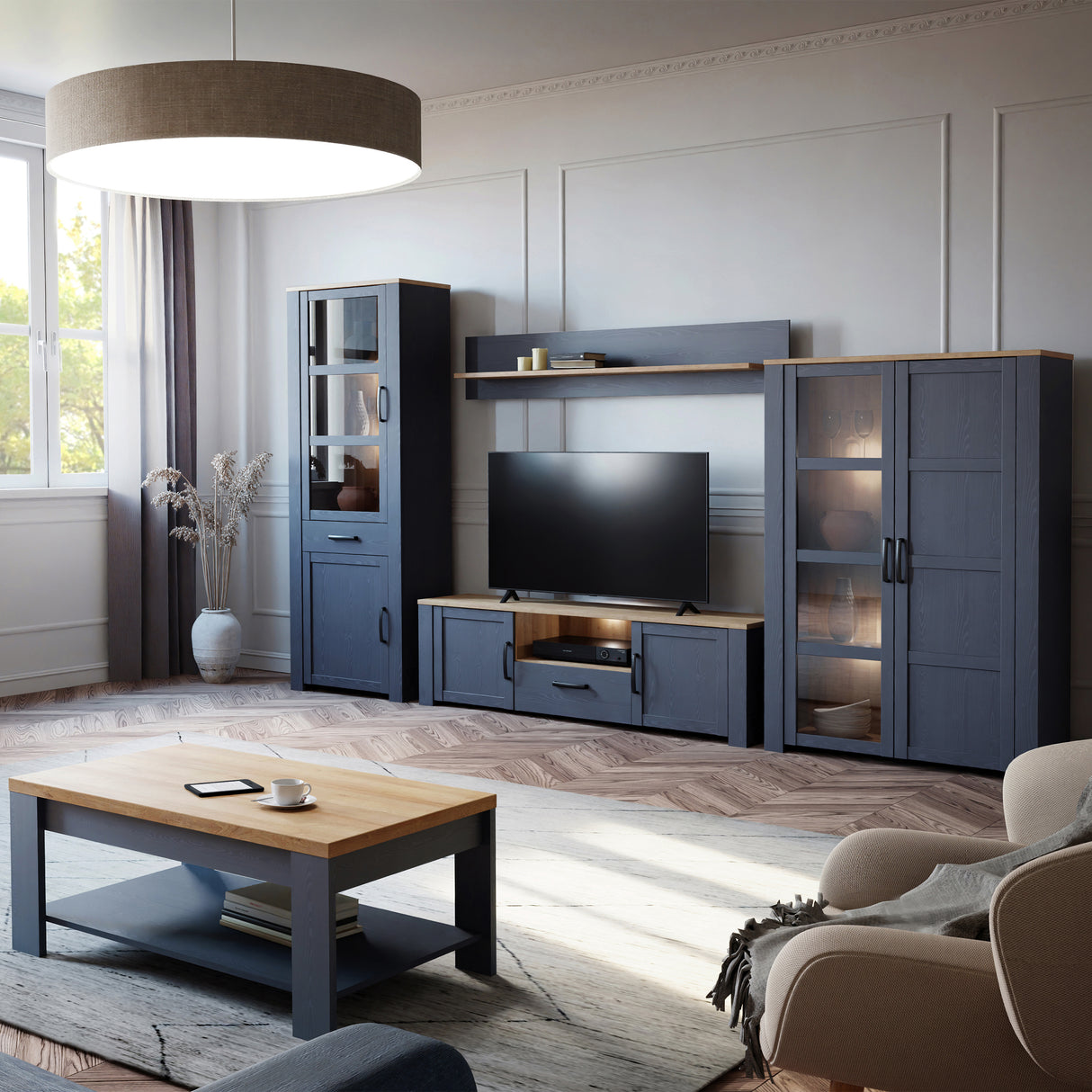 Bohol Narrow Display Cabinet Inkl. 2 x Lighting in Riviera Oak/Navy